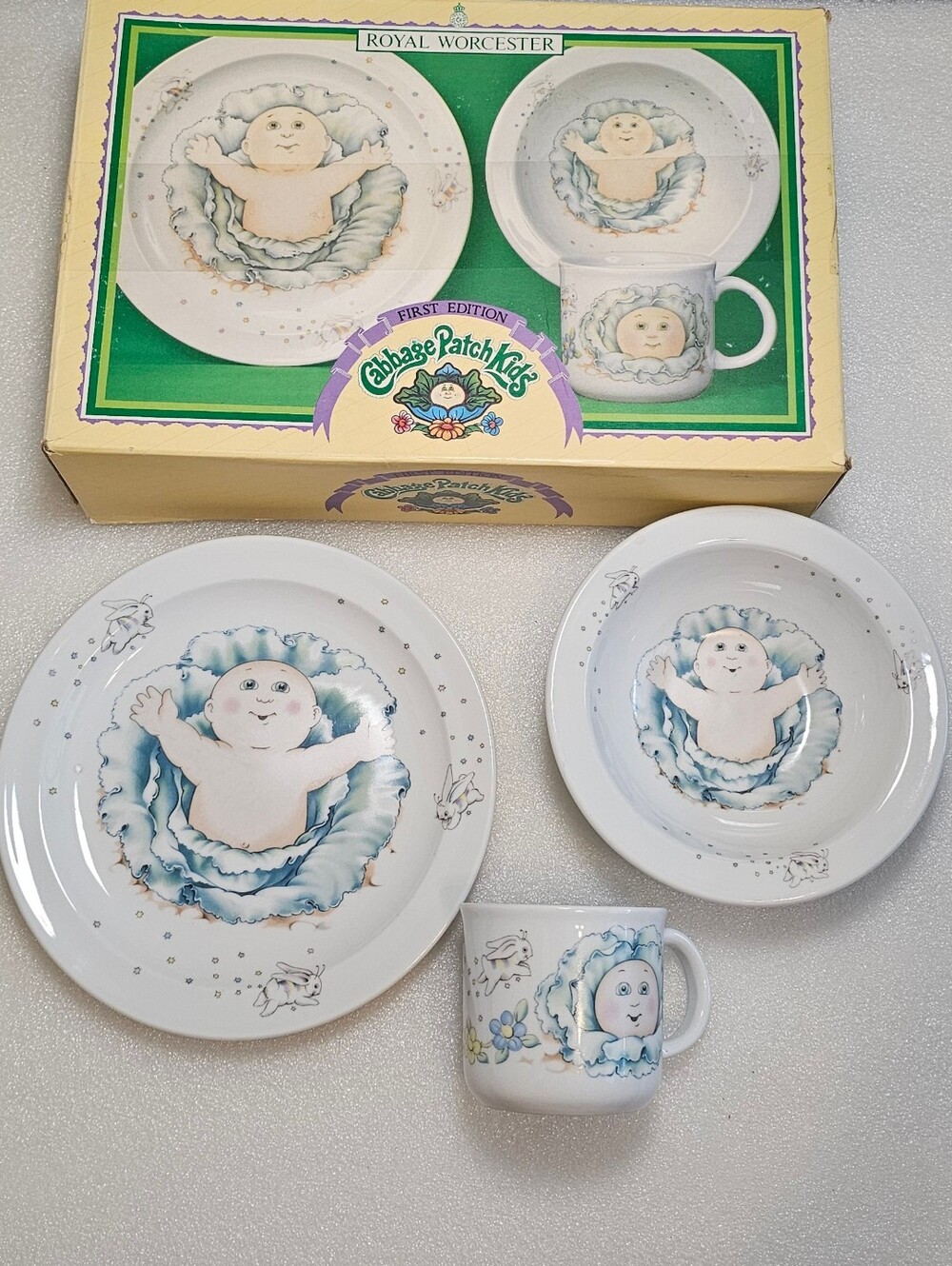 Vintage 1983 Royal Worcester Cabbage Patch Kids 3-Piece Porcelain Dish Set